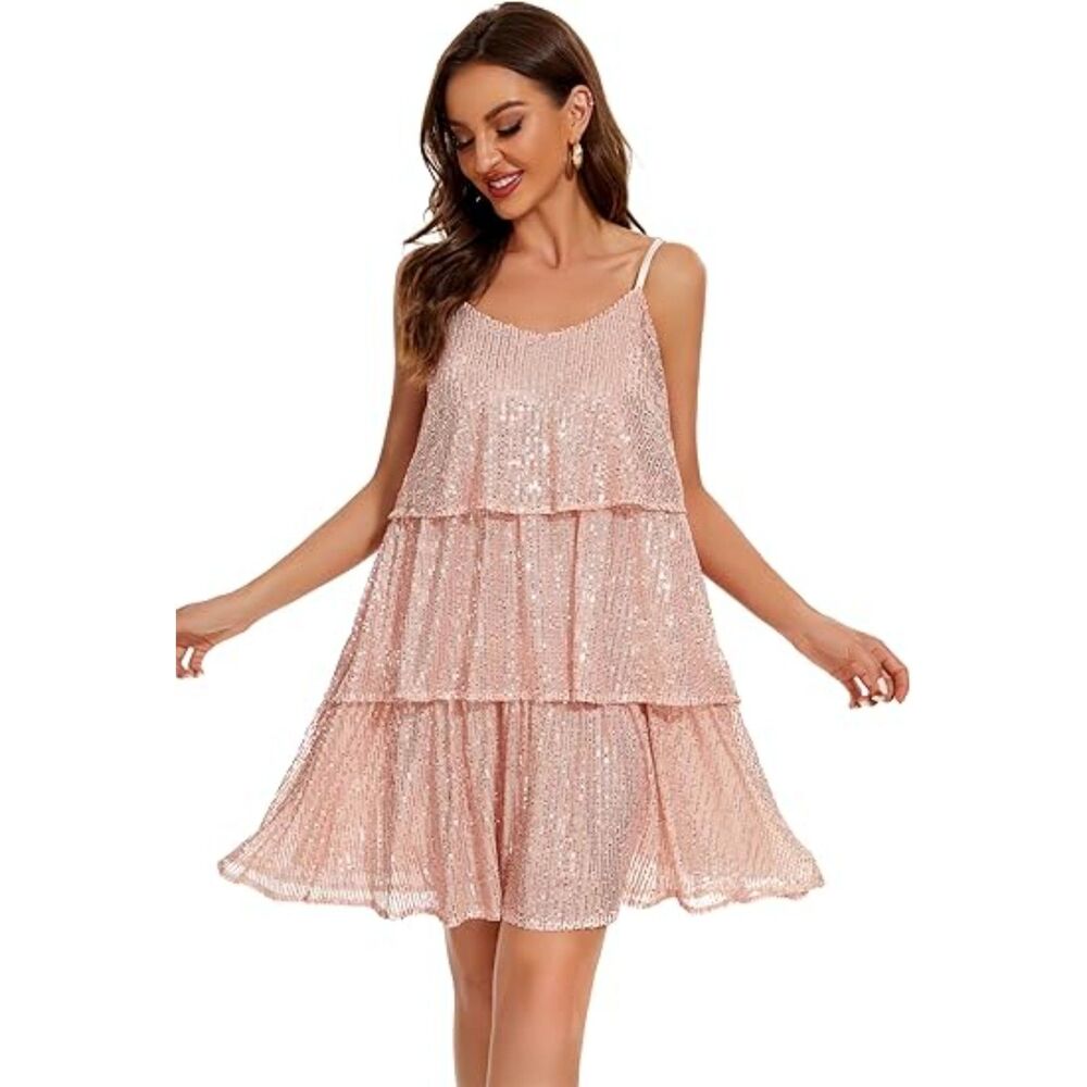 Sequin Adjustable Spaghetti Strap V Neck Layered Dress, SMALL, 5J-172D003